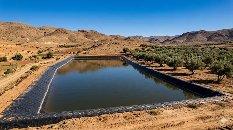 Bassin d'irrigation agricole revêtu d'une géomembrane PEHD dans un paysage de montagnes au Maroc