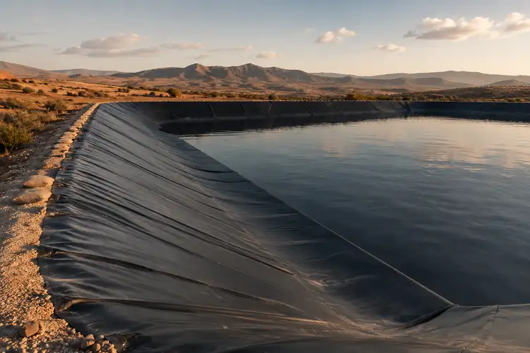 Bassin agricole étanchéifié avec une géomembrane PEHD dans un paysage de montagnes au Maroc