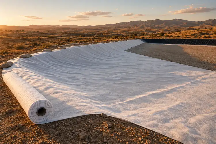 Rouleau de géotextile non-tissé déroulé sur un chantier au Maroc